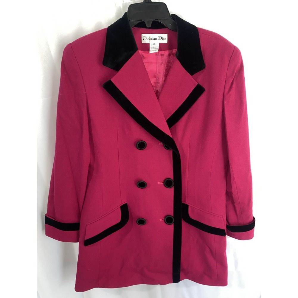 Vintage Christian Dior Hot Pink with Black Velvet Trim Blazer USA Size 14